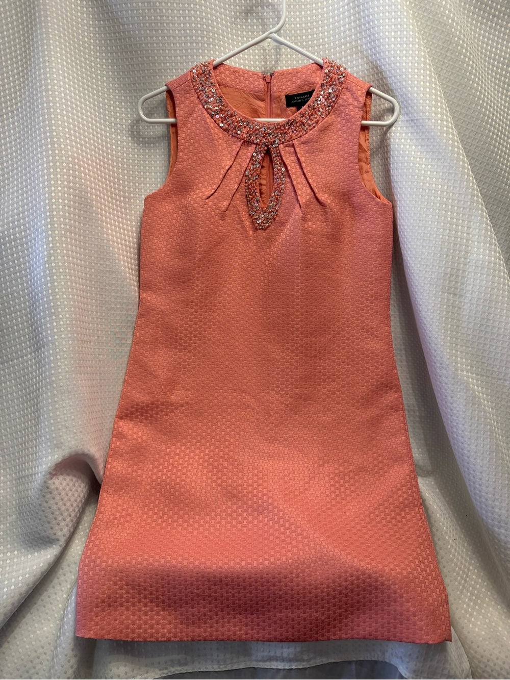 Tahari Coral Beaded Neckline Shift Dress